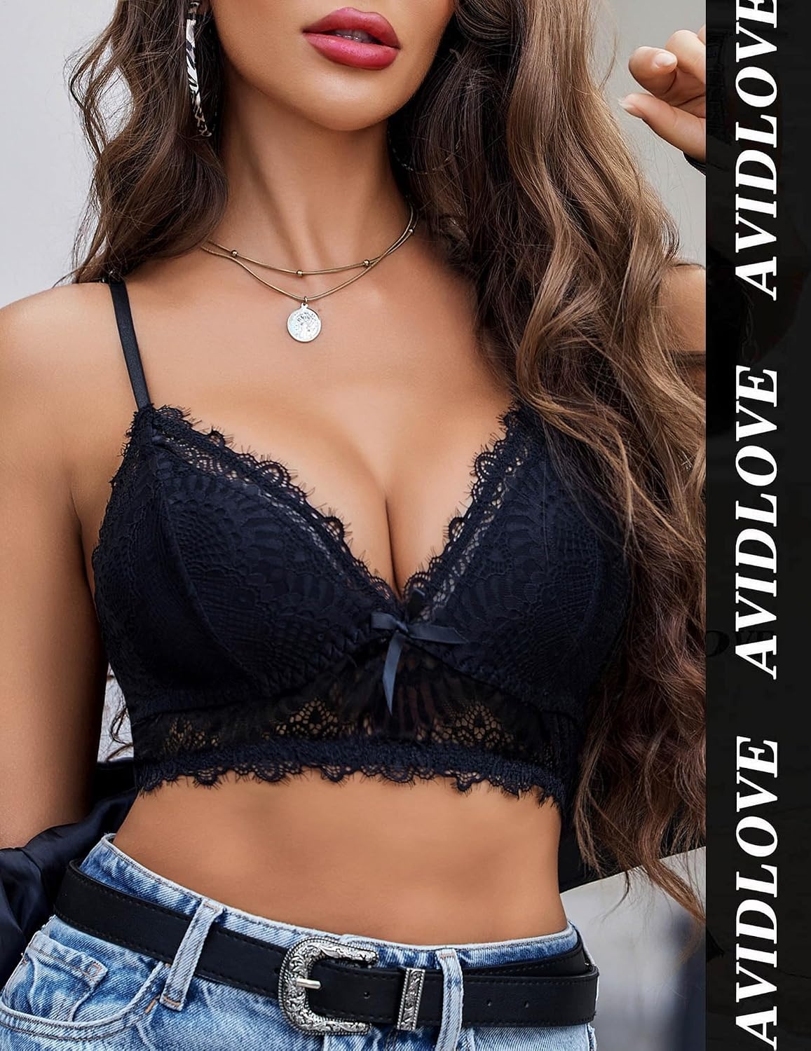 image:imageAvidlove Bralette Wireless Lace Camisole VNeck DoubleLayered Crop TopBlack