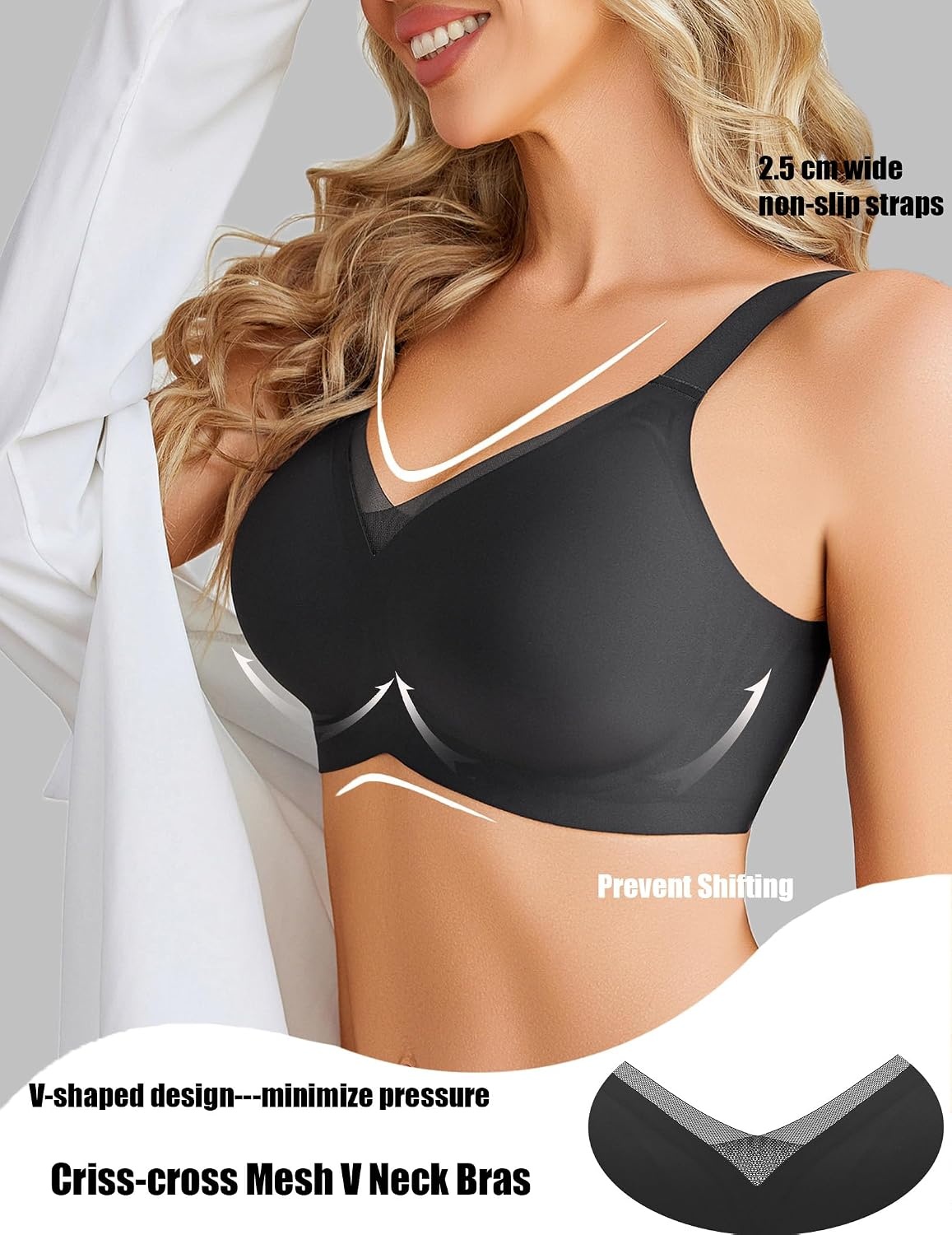 image:imageAvidlove Womens Seamless Bras No Underwire V Mesh Comfort Bralette Full Coverage Push Up Everyday TShirt BraBlack