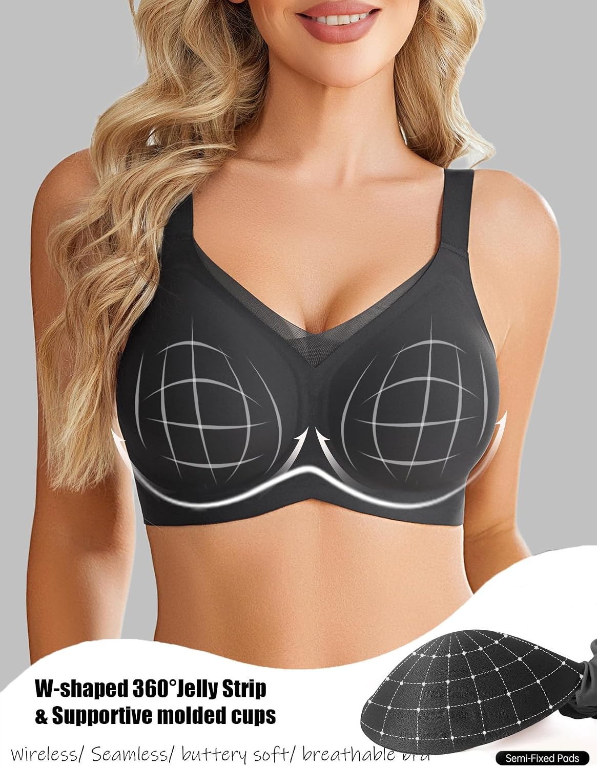 image:imageAvidlove Womens Seamless Bras No Underwire V Mesh Comfort Bralette Full Coverage Push Up Everyday TShirt BraBlack