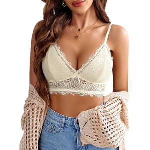 Avidlove Bralette Wireless Lace Camisole V-Neck Double-Layered Crop Top(Beige)