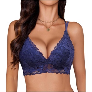 Avidlove Bras for Women Lace Bralette Sexy V Neck Bras Longline Bralette Top Unpadded Bralettes(Navy Blue,XL)