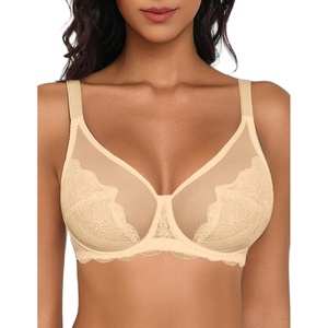 Avidlove Bras for Women Lace Minimizer Bra Full Coverage Mesh Underwire Bra with Centering Cups Sexy Unlined Brasieres(Bisque)