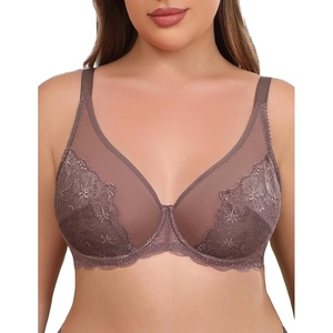 Avidlove Bras for Women Lace Minimizer Bra Full Coverage Mesh Underwire Bra with Centering Cups Sexy Unlined Brasieres(Gray)