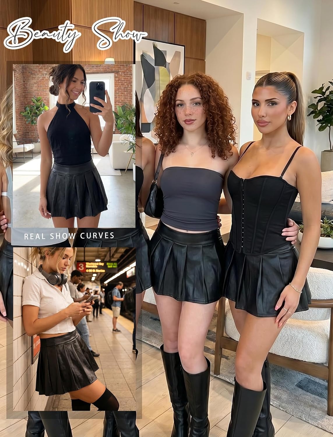 image:imageAvidlove Faux Leather Mini Skirts for Women High Waisted Pleated ALine Skirt Going Out Nightclub OutfitBlack