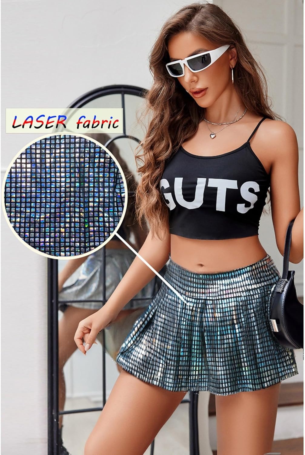 image:imageAvidlove Faux Leather Mini Skirts for Women High Waisted Pleated ALine Skirt Going Out Nightclub OutfitLaser