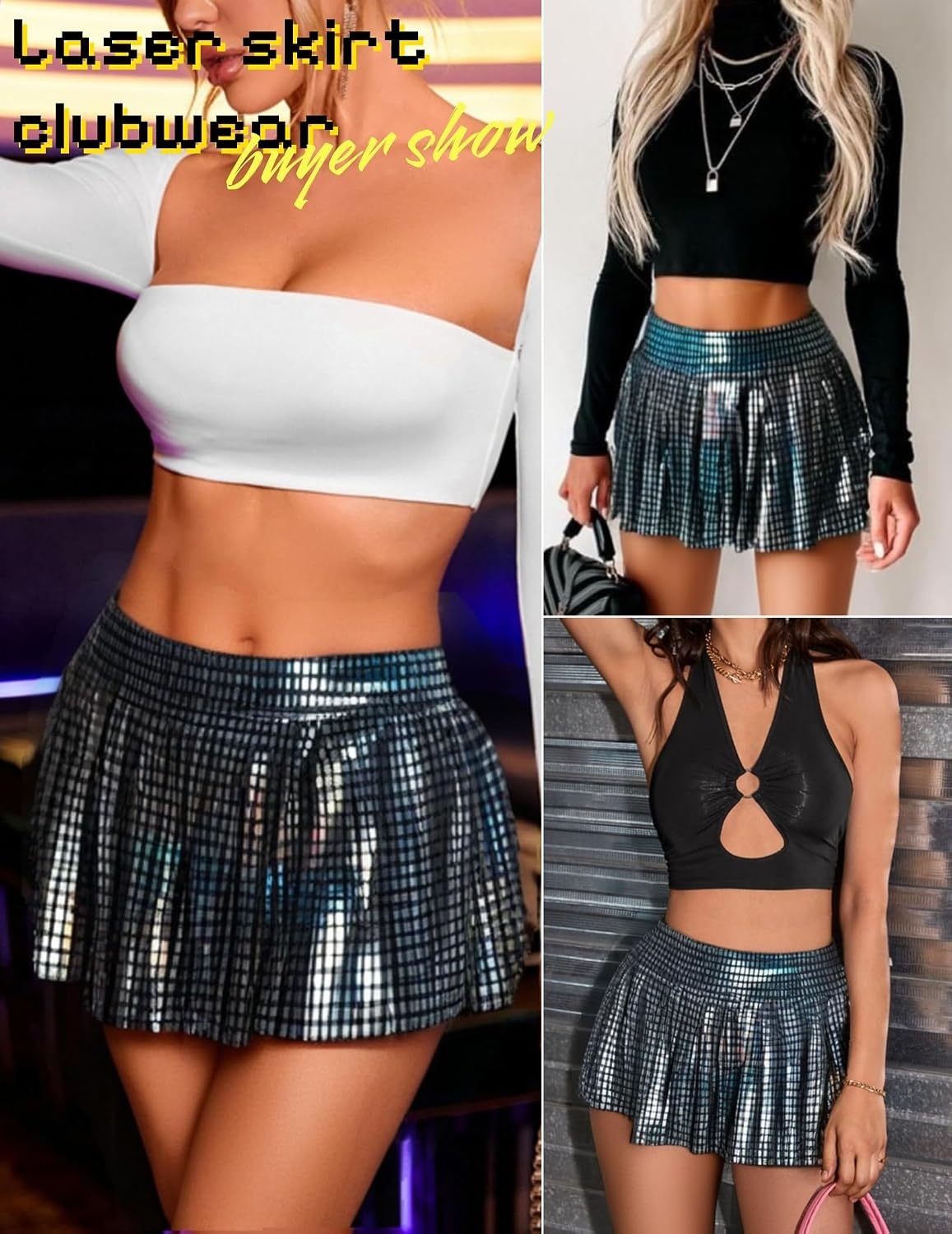 image:imageAvidlove Faux Leather Mini Skirts for Women High Waisted Pleated ALine Skirt Going Out Nightclub OutfitLaser
