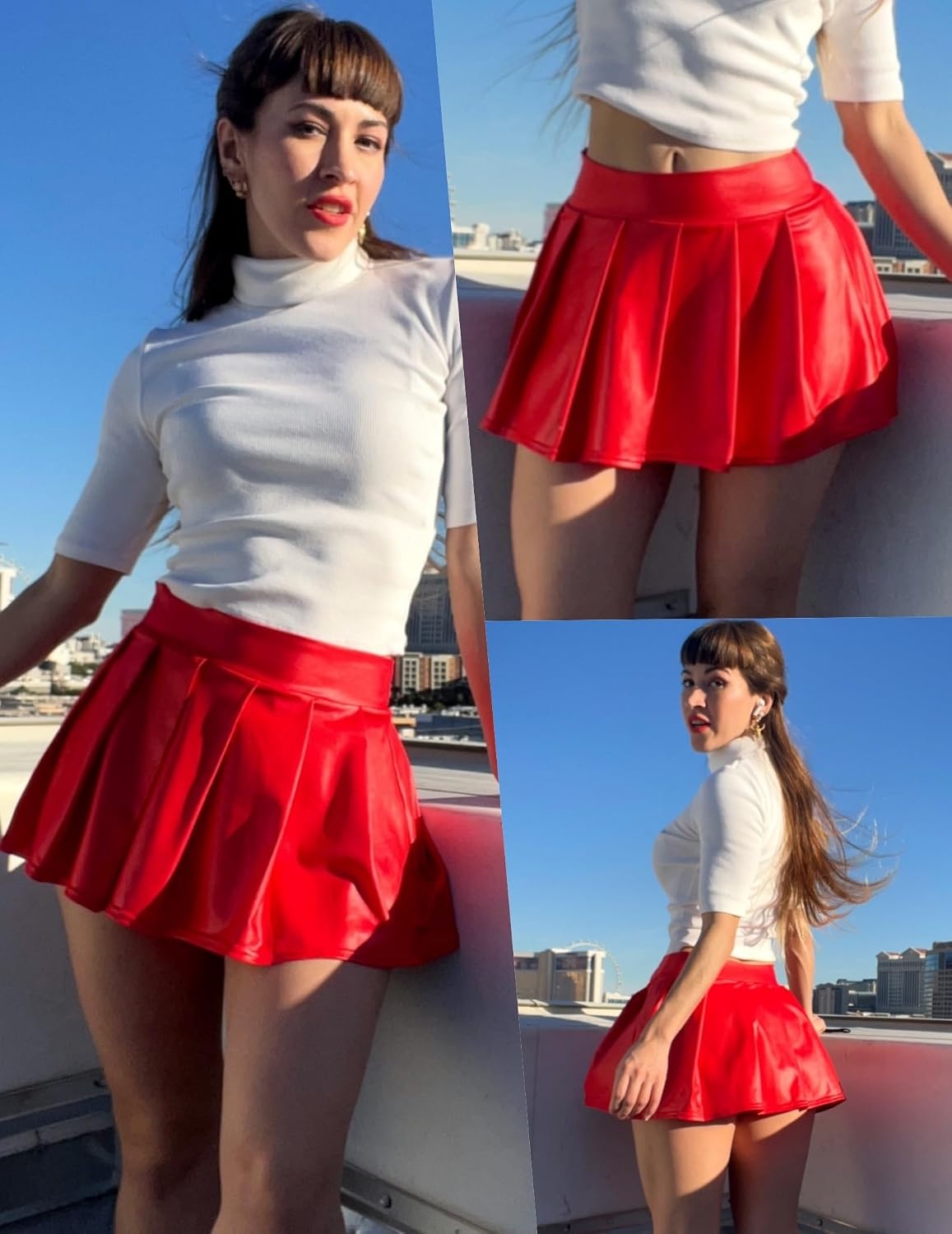image:imageAvidlove Faux Leather Mini Skirts for Women High Waisted Pleated ALine Skirt Going Out Nightclub OutfitRed