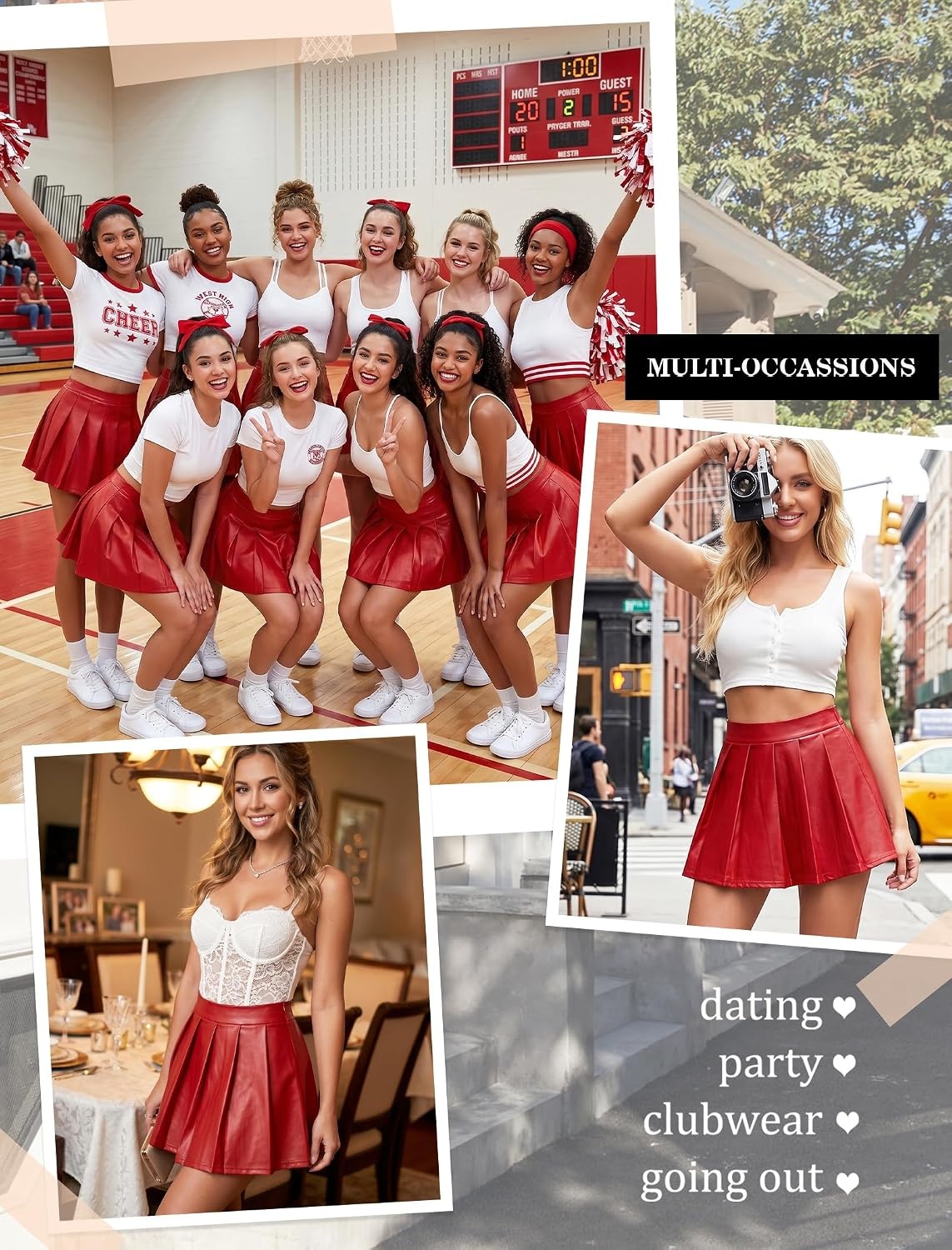 image:imageAvidlove Faux Leather Mini Skirts for Women High Waisted Pleated ALine Skirt Going Out Nightclub OutfitRed