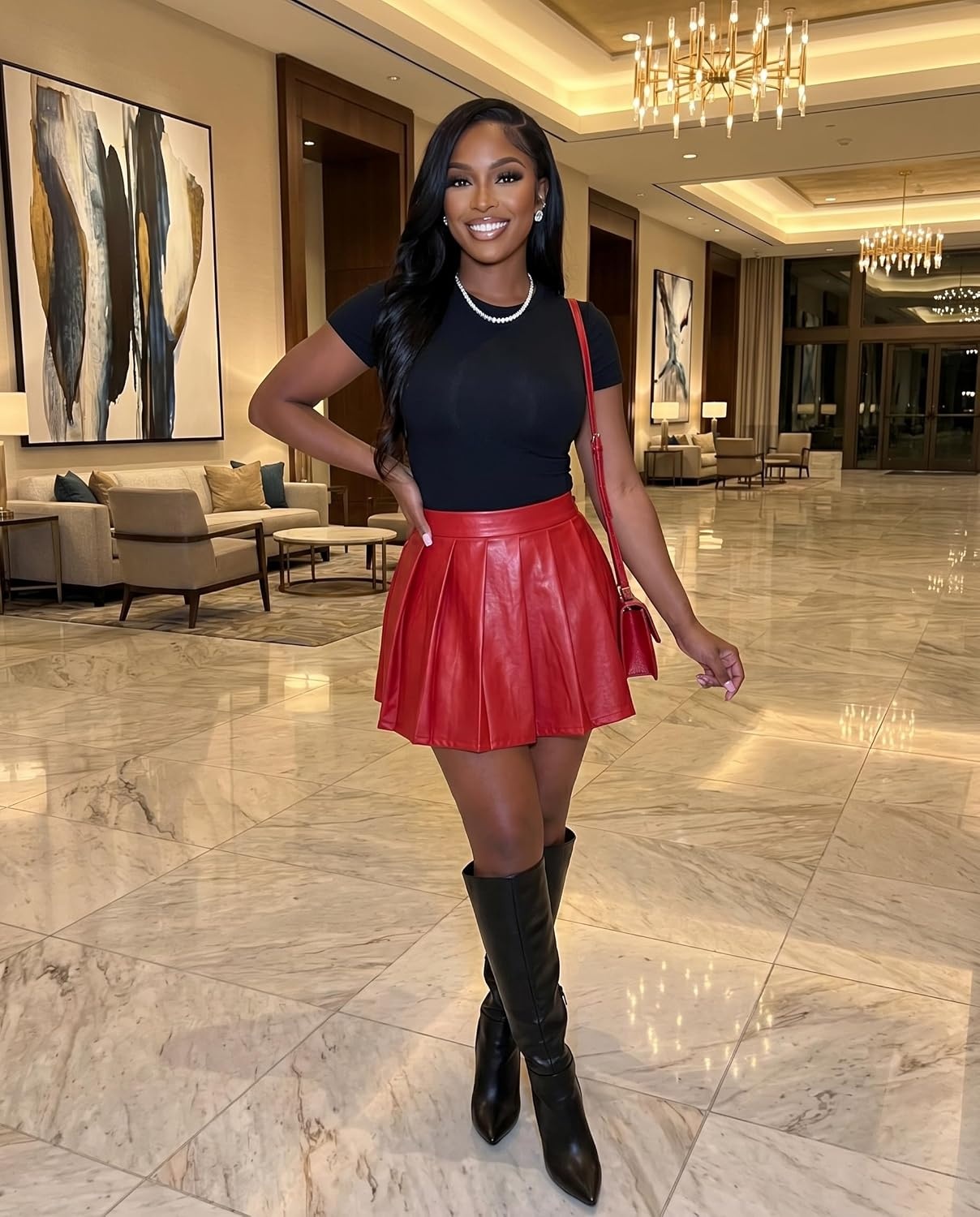 image:imageAvidlove Faux Leather Mini Skirts for Women High Waisted Pleated ALine Skirt Going Out Nightclub OutfitRed