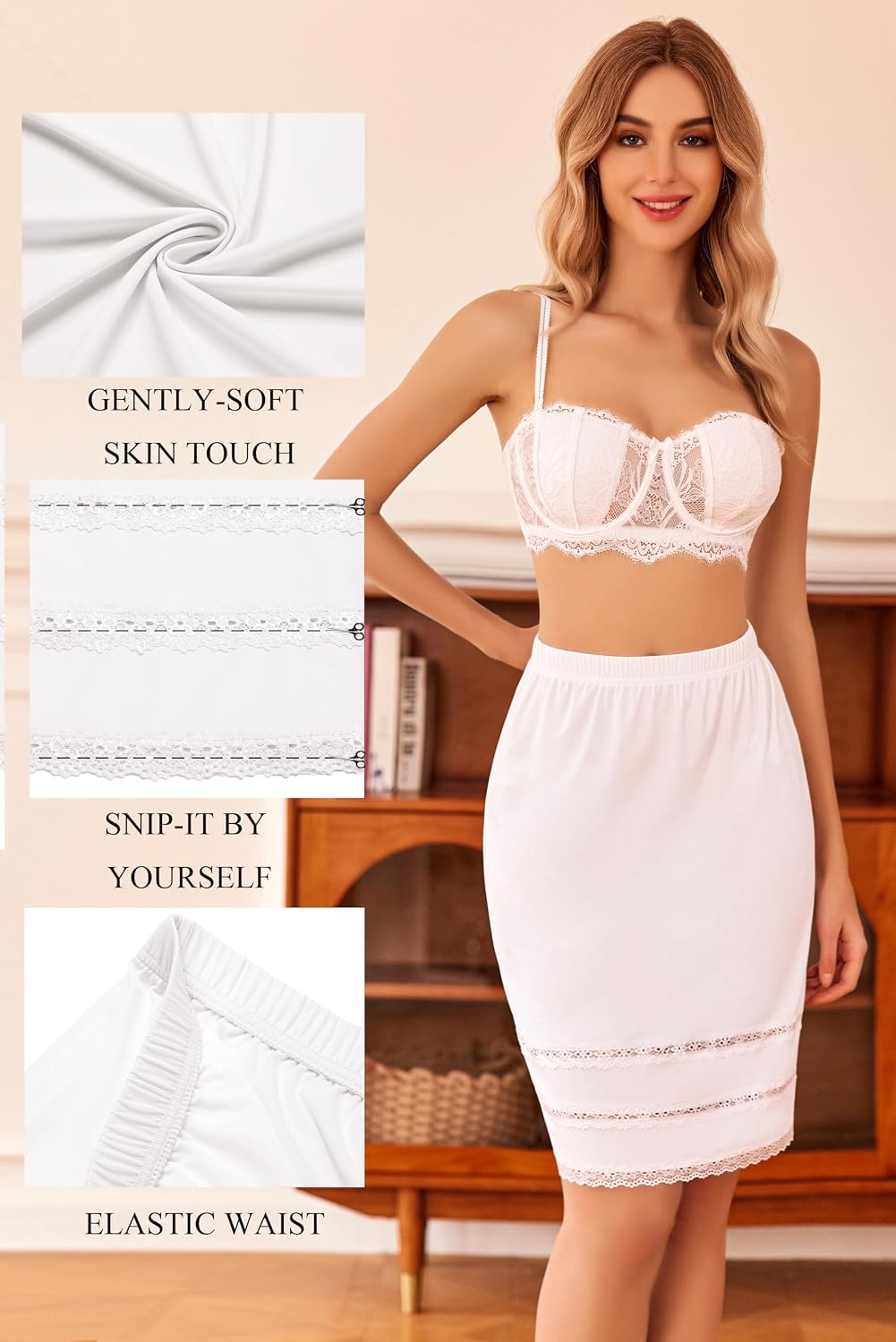 image:imageAvidlove Half Slips for Women Underskirt Dress Extender Lace Trim Knee Length Short SkirtWhite