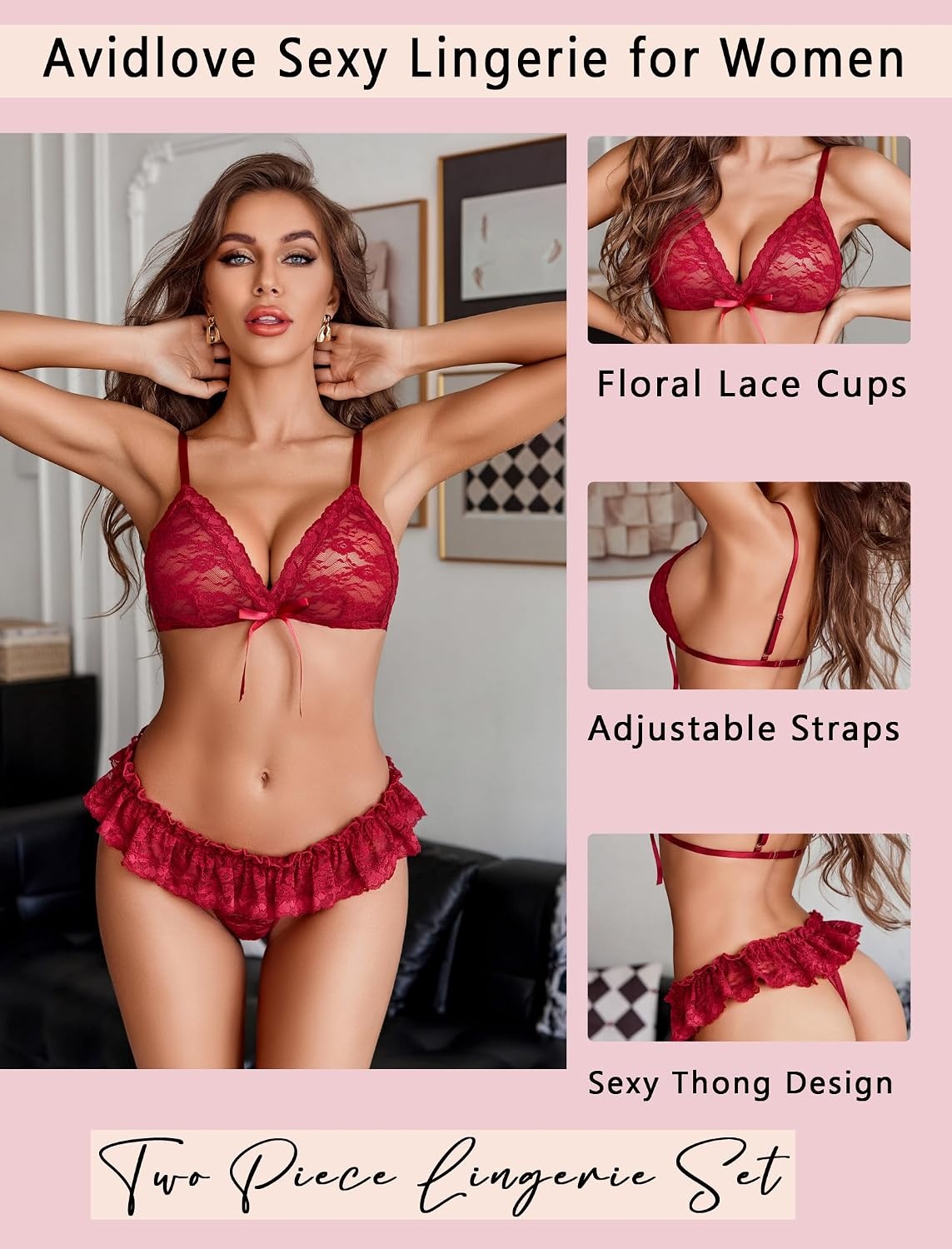 image:imageAvidlove Sexy Lingerie Set for Women Lace Bra and Panty Sets 2 Piece Sheer Babydoll Outfits SXXLDark Red