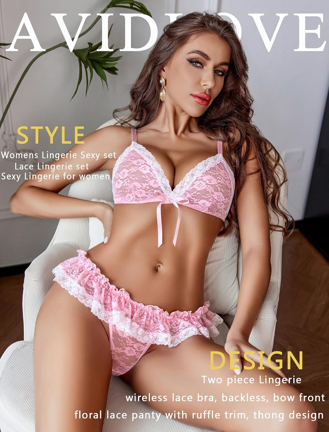 image:imageAvidlove Sexy Lingerie Set for Women Lace Bra and Panty Sets 2 Piece Sheer Babydoll Outfits SXXLPink