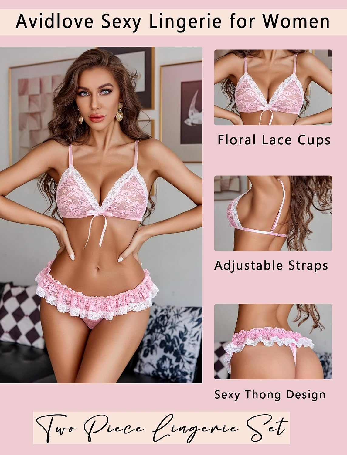 image:imageAvidlove Sexy Lingerie Set for Women Lace Bra and Panty Sets 2 Piece Sheer Babydoll Outfits SXXLPink