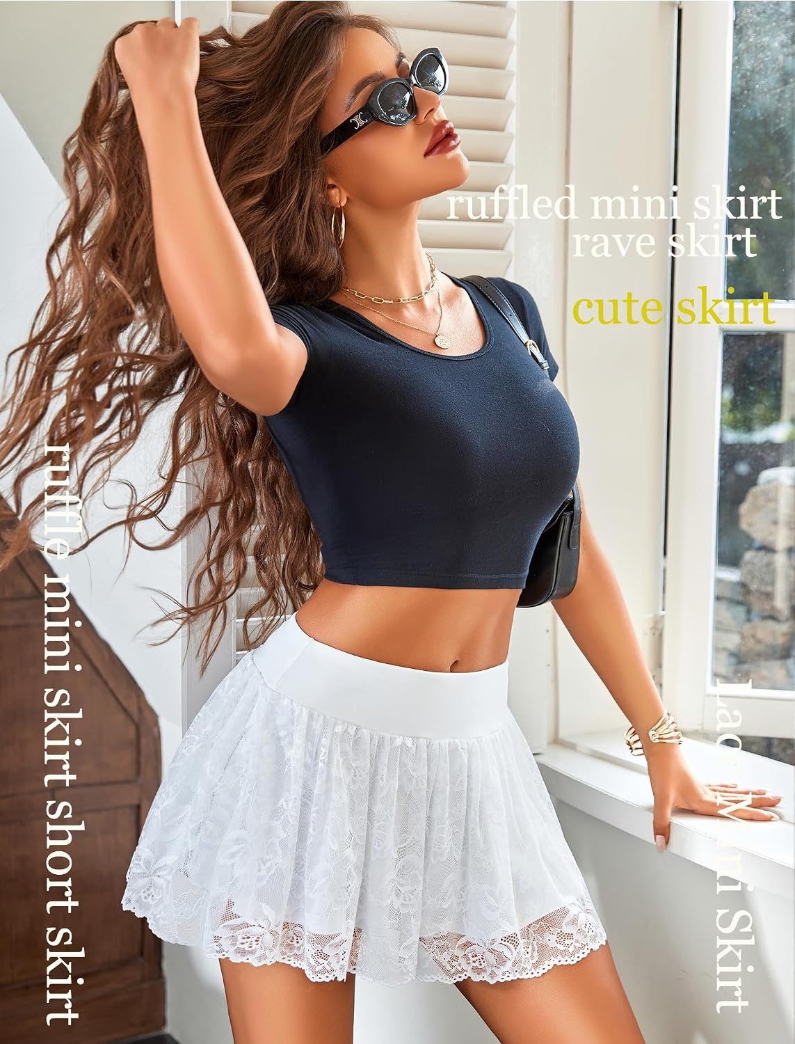 image:imageAvidlove Womens Pleated Mini Skirt Sexy Lace Ruffles Lingerie Short SkirtsWhite