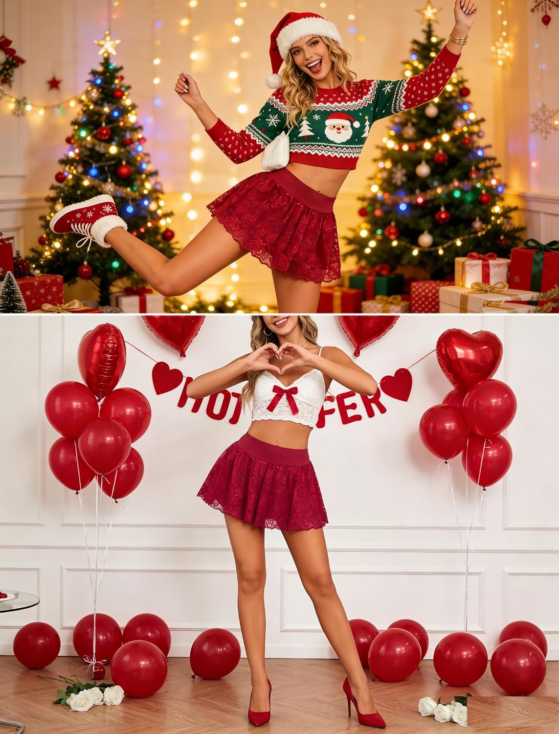 image:imageAvidlove Womens Pleated Mini Skirt Sexy Lace Ruffles Lingerie Short SkirtsWine Red
