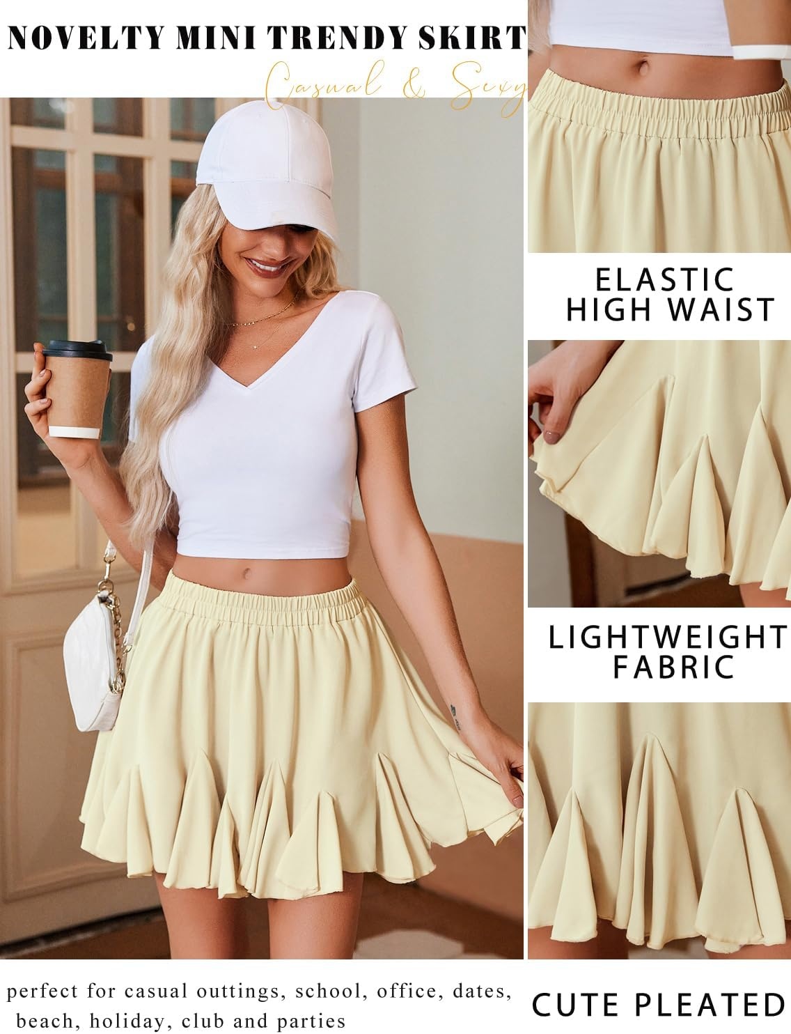 image:imageAvidlove Womens Pleated Skirt Boho Ruffle Flowy Mini Skirts High Waisted Flared Skater Skirt Basic OutfitsKhaki