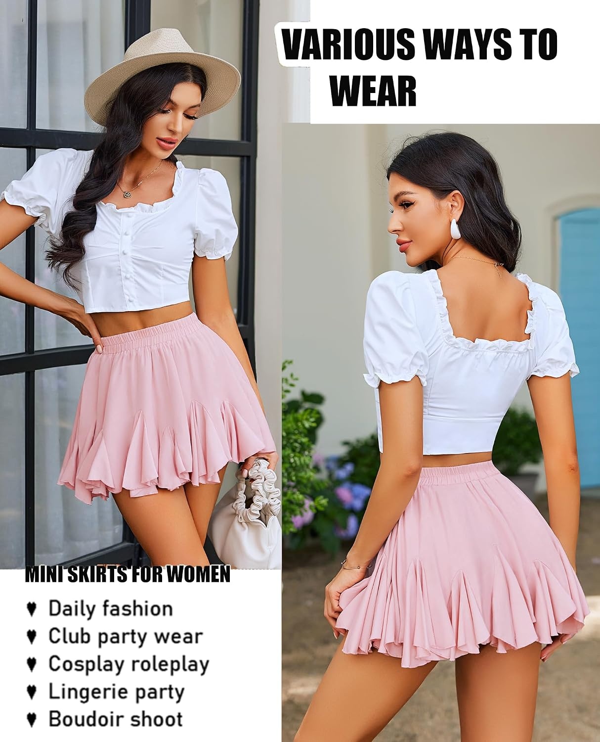 image:imageAvidlove Womens Pleated Skirt Boho Ruffle Flowy Mini Skirts High Waisted Flared Skater Skirt Basic OutfitsPink