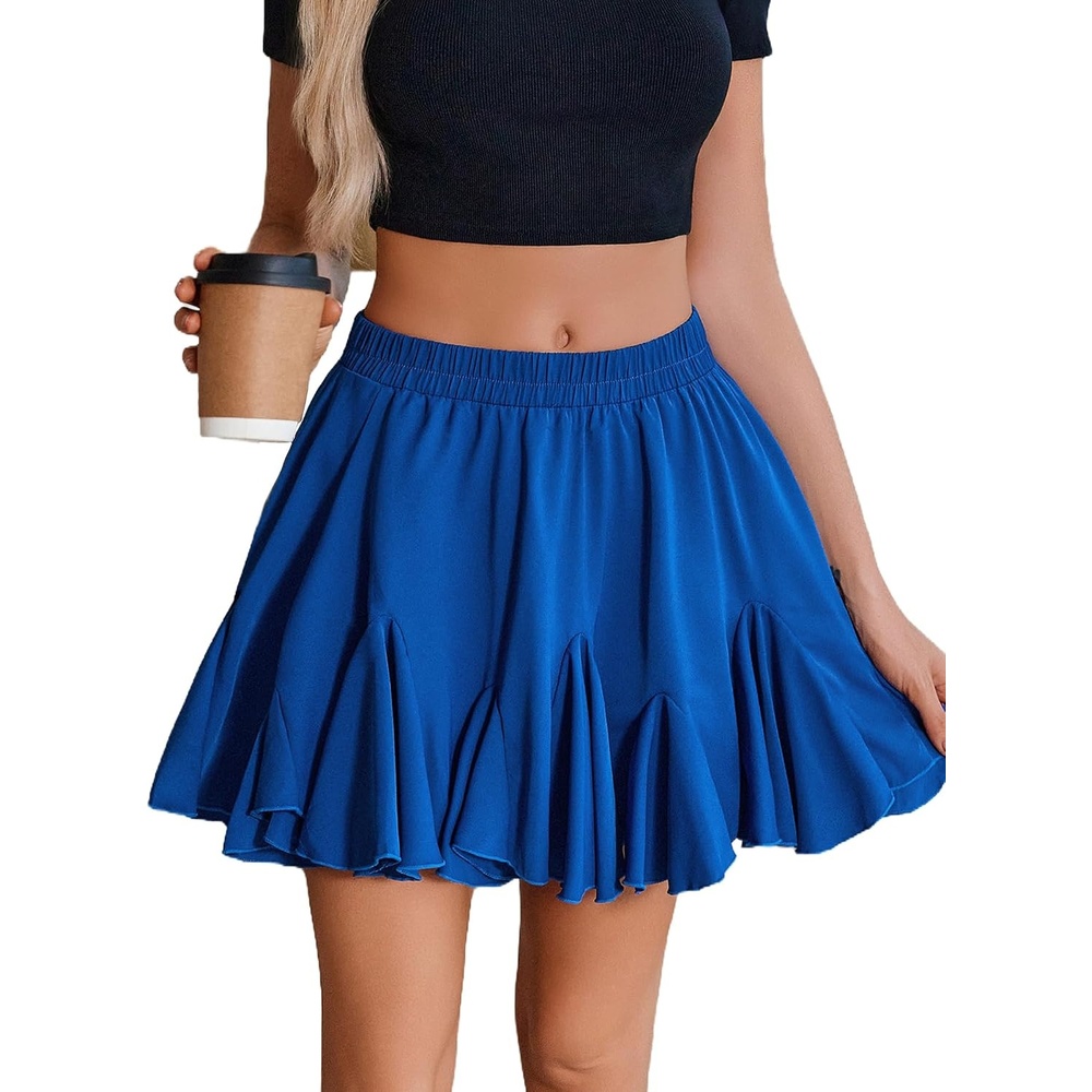 image:imageAvidlove Womens Pleated Skirt Boho Ruffle Flowy Mini Skirts High Waisted Flared Skater Skirt Basic OutfitsBlue