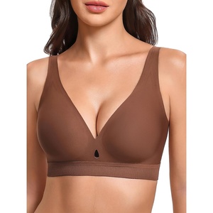Avidlove Bras for Women V Neck Wireless Comfortable Bra Supportive No Underwire Bras Tshirt Push Up Bralettes Seamless Bra(Brown)