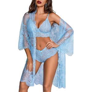 Avidlove Women Sexy Lingerie Set 3 Piece Bra and Panty Sets with Lace Kimono Robe Sleepwear Mesh Nightgown(Baby Blue)