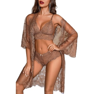 Avidlove Women Sexy Lingerie Set 3 Piece Bra and Panty Sets with Lace Kimono Robe Sleepwear Mesh Nightgown(Beige)