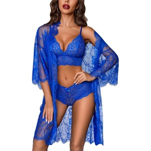 Avidlove Women Sexy Lingerie Set 3 Piece Bra and Panty Sets with Lace Kimono Robe Sleepwear Mesh Nightgown(Blue)