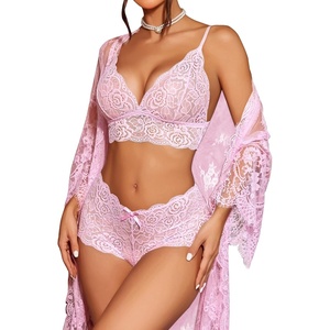 Avidlove Women Sexy Lingerie Set 3 Piece Bra and Panty Sets with Lace Kimono Robe Sleepwear Mesh Nightgown(Dark Pink)