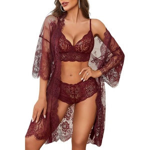 Avidlove Women Sexy Lingerie Set 3 Piece Bra and Panty Sets with Lace Kimono Robe Sleepwear Mesh Nightgown(Dark Red)