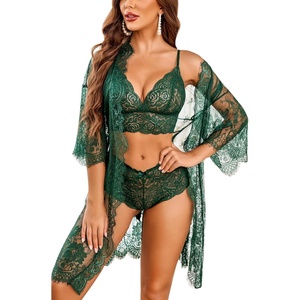 Avidlove Women Sexy Lingerie Set 3 Piece Bra and Panty Sets with Lace Kimono Robe Sleepwear Mesh Nightgown(Green)