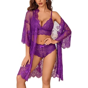 Avidlove Women Sexy Lingerie Set 3 Piece Bra and Panty Sets with Lace Kimono Robe Sleepwear Mesh Nightgown(Lavender)