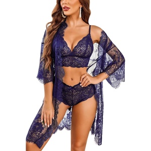 Avidlove Women Sexy Lingerie Set 3 Piece Bra and Panty Sets with Lace Kimono Robe Sleepwear Mesh Nightgown(Navy Blue)