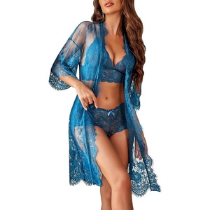 Avidlove Women Sexy Lingerie Set 3 Piece Bra and Panty Sets with Lace Kimono Robe Sleepwear Mesh Nightgown(Peacock Blue)