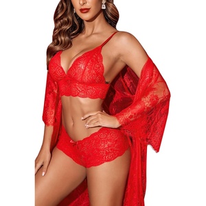 Avidlove Women Sexy Lingerie Set 3 Piece Bra and Panty Sets with Lace Kimono Robe Sleepwear Mesh Nightgown(Red)