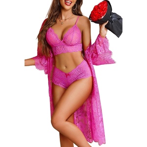Avidlove Women Sexy Lingerie Set 3 Piece Bra and Panty Sets with Lace Kimono Robe Sleepwear Mesh Nightgown(Rose Red)