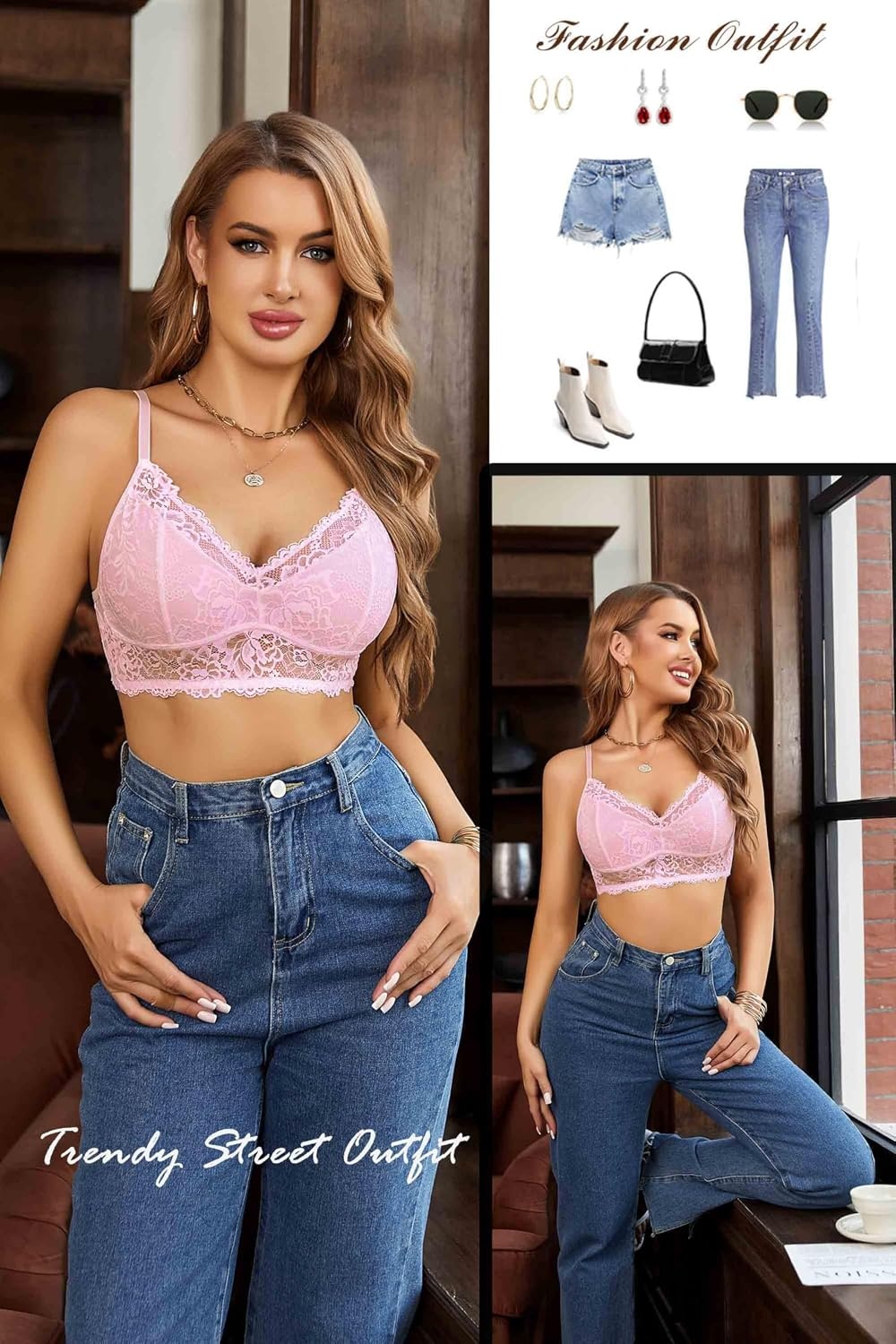 image:imageAvidlove Bralettes for Women Lace Camisole Tank Top Unpadded Wireless DoubleLayered LingeriePink