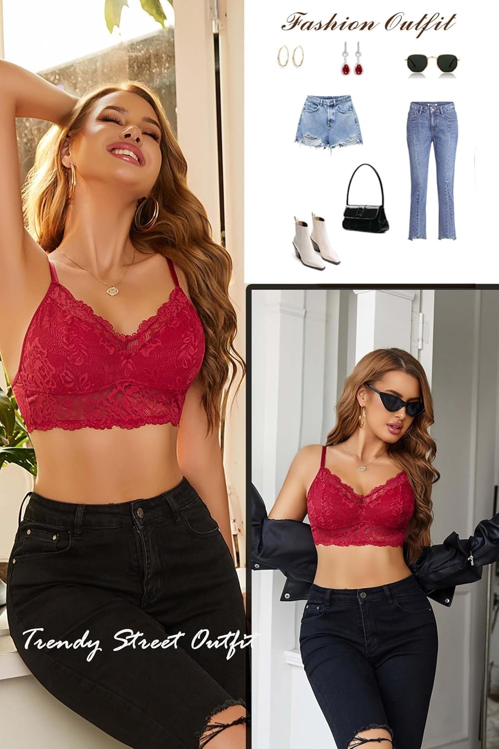 image:imageAvidlove Bralettes for Women Lace Camisole Tank Top Unpadded Wireless DoubleLayered LingerieRed