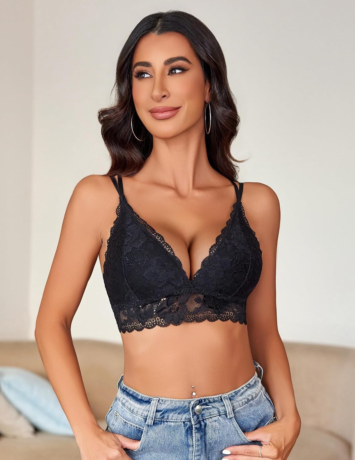 image:imageAvidlove Bras for Women Floral Lace Bralettes Deep V Sexy Bras Cross Back Longline Bralette No PaddedBlack