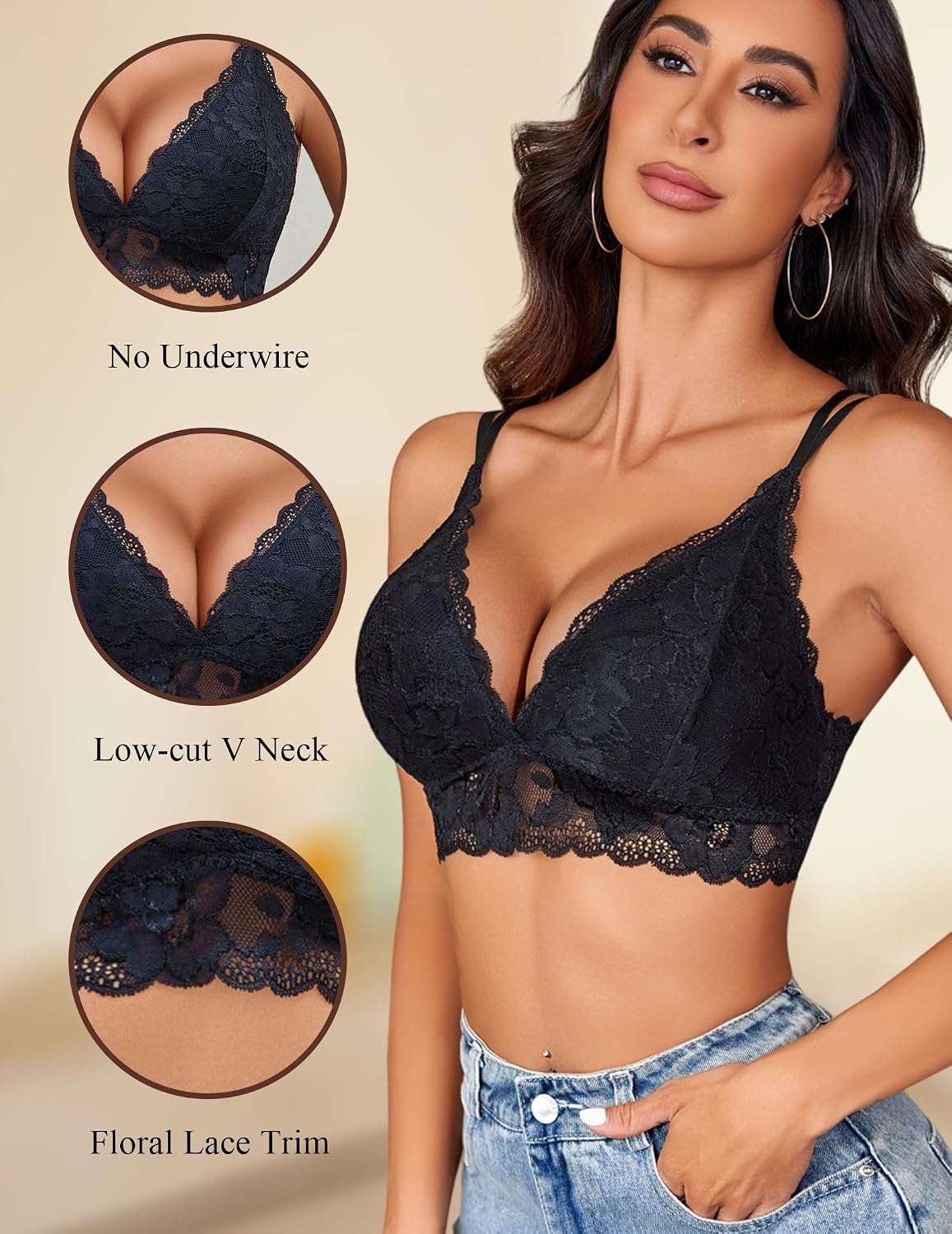 image:imageAvidlove Bras for Women Floral Lace Bralettes Deep V Sexy Bras Cross Back Longline Bralette No PaddedBlack
