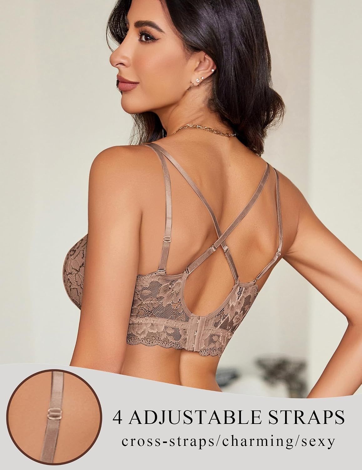 image:imageAvidlove Bras for Women Floral Lace Bralettes Deep V Sexy Bras Cross Back Longline Bralette No PaddedBrown