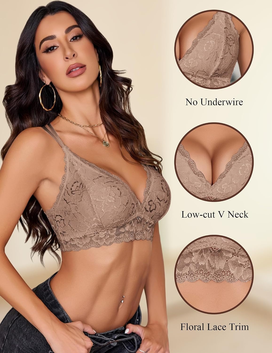 image:imageAvidlove Bras for Women Floral Lace Bralettes Deep V Sexy Bras Cross Back Longline Bralette No PaddedBrown