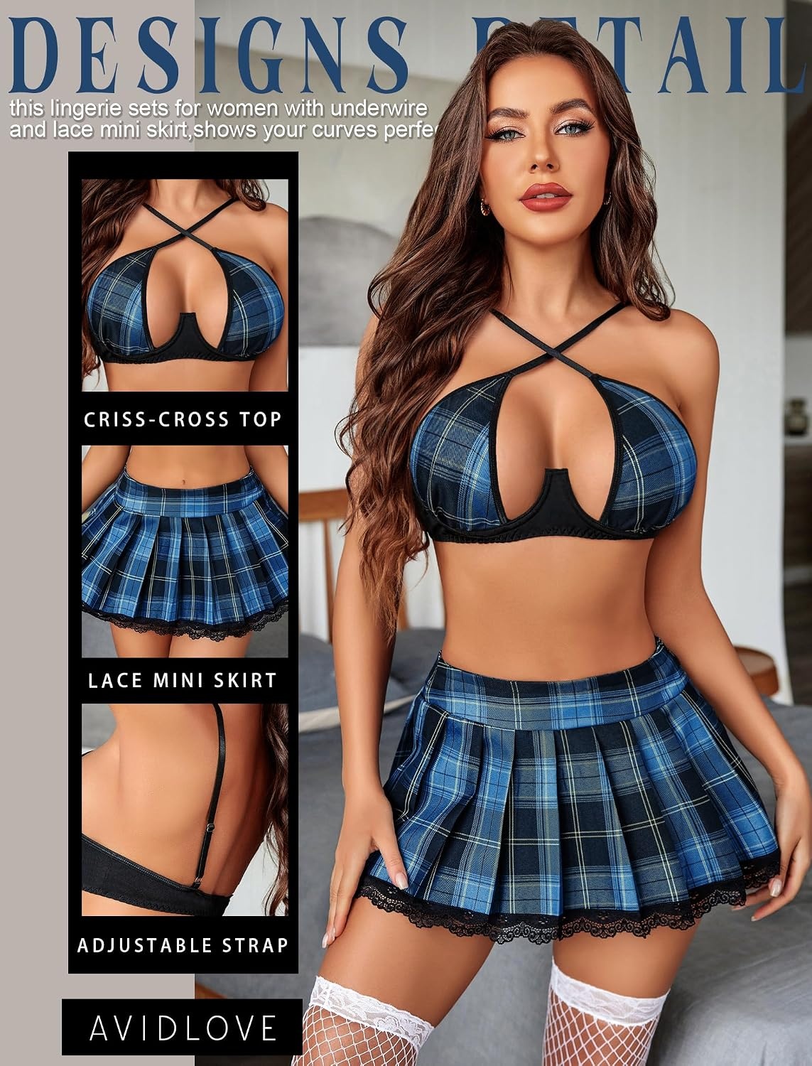 image:imageAvidlove Lingerie Set for Women with Underwire Two Piece Lingerie Sets Sexy Outfit Lingerie Set with Lace Mini Pleated SkirtBlue Black Plaid