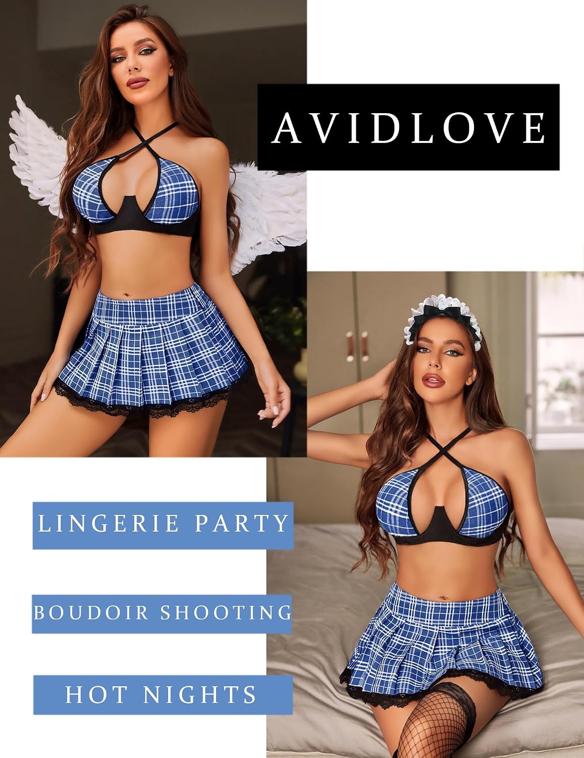 image:imageAvidlove Lingerie Set for Women with Underwire Two Piece Lingerie Sets Sexy Outfit Lingerie Set with Lace Mini Pleated SkirtBlue White Plaid