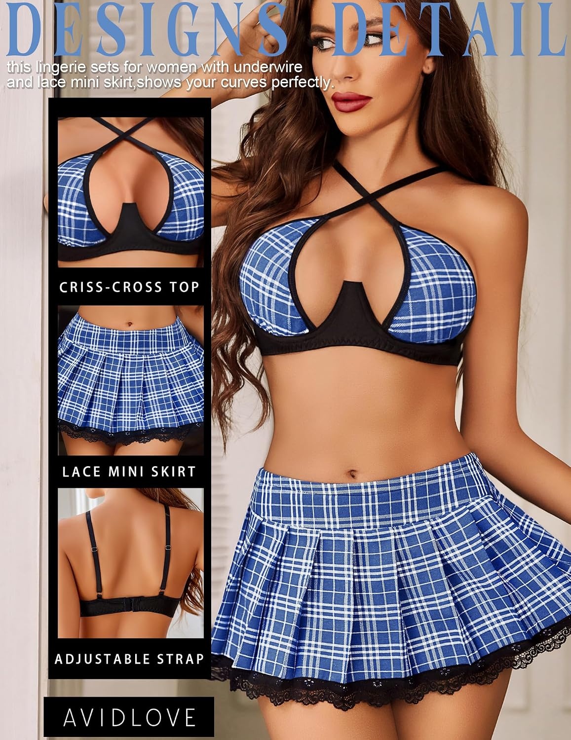image:imageAvidlove Lingerie Set for Women with Underwire Two Piece Lingerie Sets Sexy Outfit Lingerie Set with Lace Mini Pleated SkirtBlue White Plaid