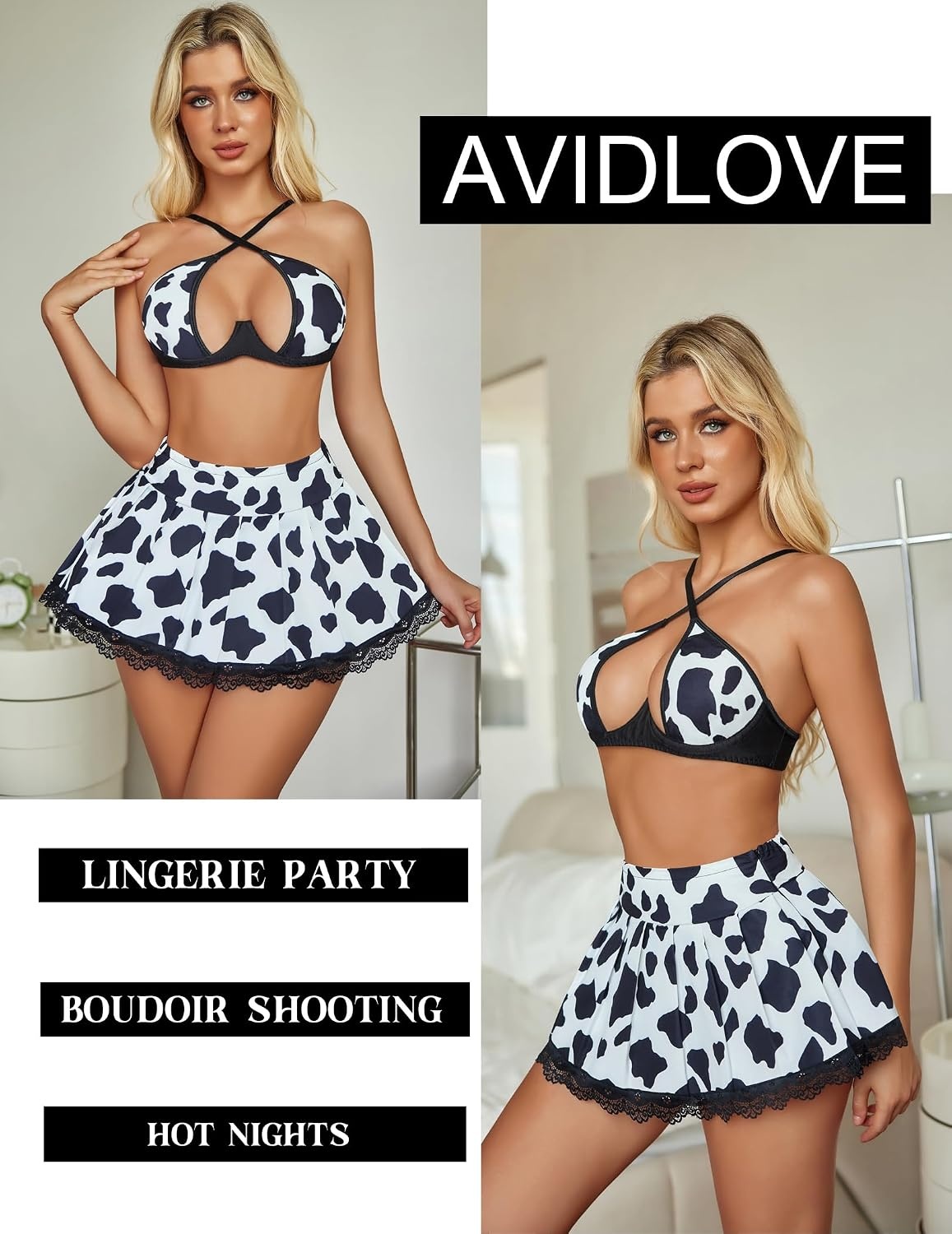 image:imageAvidlove Lingerie Set for Women with Underwire Two Piece Lingerie Sets Sexy Outfit Lingerie Set with Lace Mini Pleated SkirtCow Print