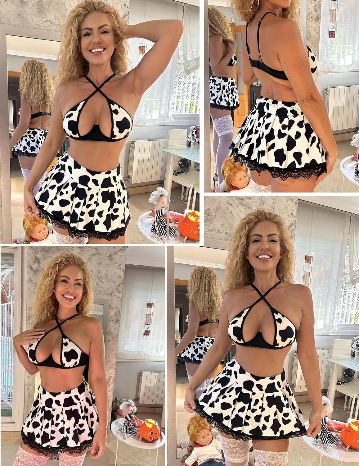 image:imageAvidlove Lingerie Set for Women with Underwire Two Piece Lingerie Sets Sexy Outfit Lingerie Set with Lace Mini Pleated SkirtCow Print