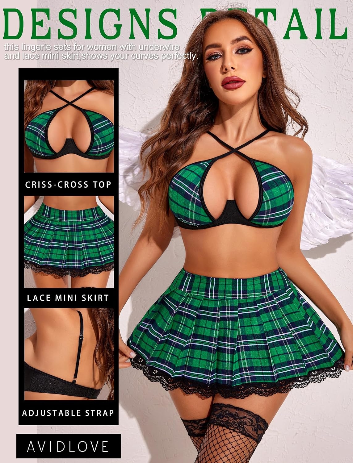 image:imageAvidlove Lingerie Set for Women with Underwire Two Piece Lingerie Sets Sexy Outfit Lingerie Set with Lace Mini Pleated SkirtGreen Plaid