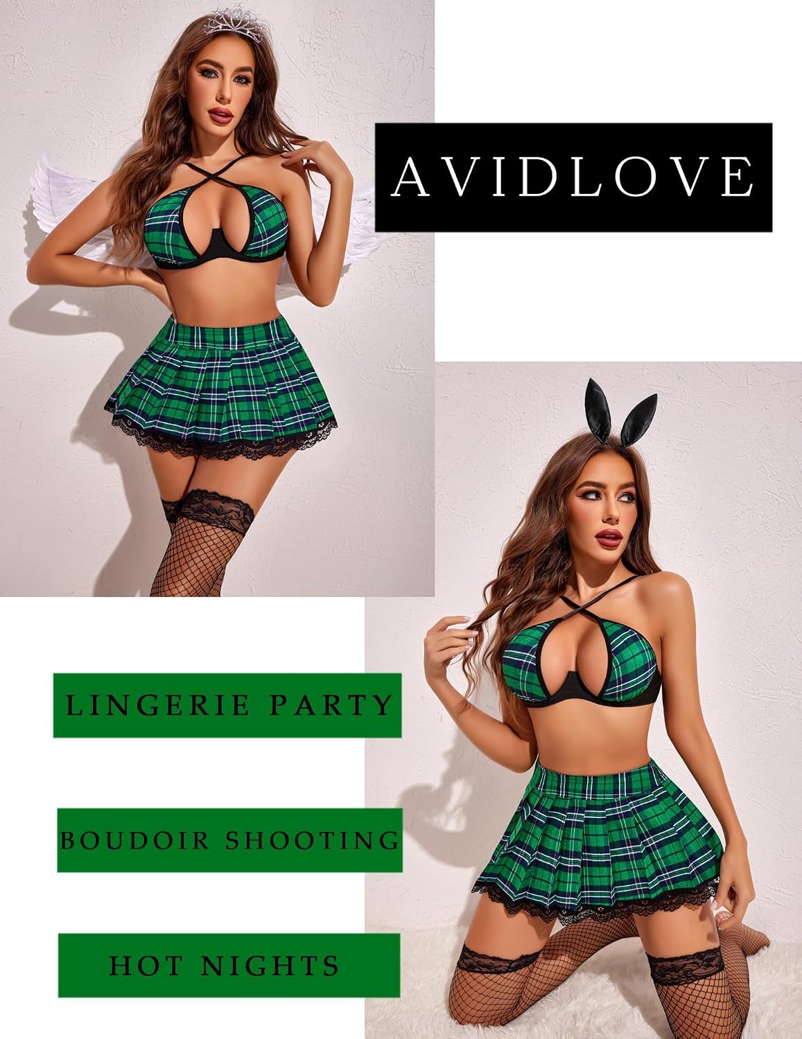 image:imageAvidlove Lingerie Set for Women with Underwire Two Piece Lingerie Sets Sexy Outfit Lingerie Set with Lace Mini Pleated SkirtGreen Plaid