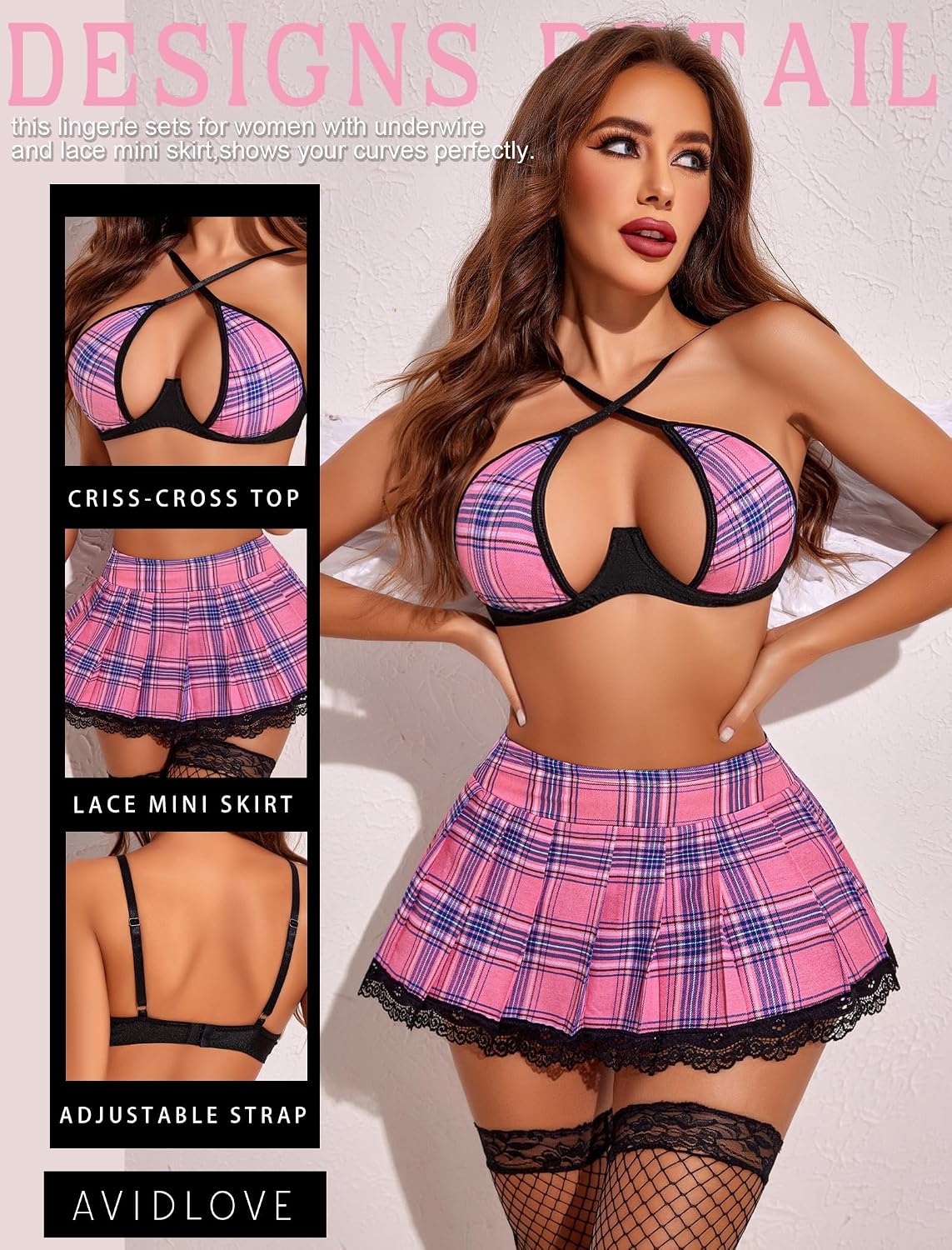 image:imageAvidlove Lingerie Set for Women with Underwire Two Piece Lingerie Sets Sexy Outfit Lingerie Set with Lace Mini Pleated SkirtPink Plaid