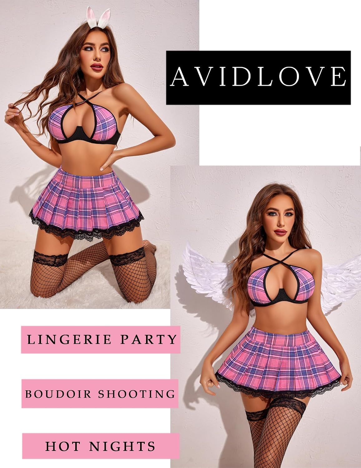 image:imageAvidlove Lingerie Set for Women with Underwire Two Piece Lingerie Sets Sexy Outfit Lingerie Set with Lace Mini Pleated SkirtPink Plaid