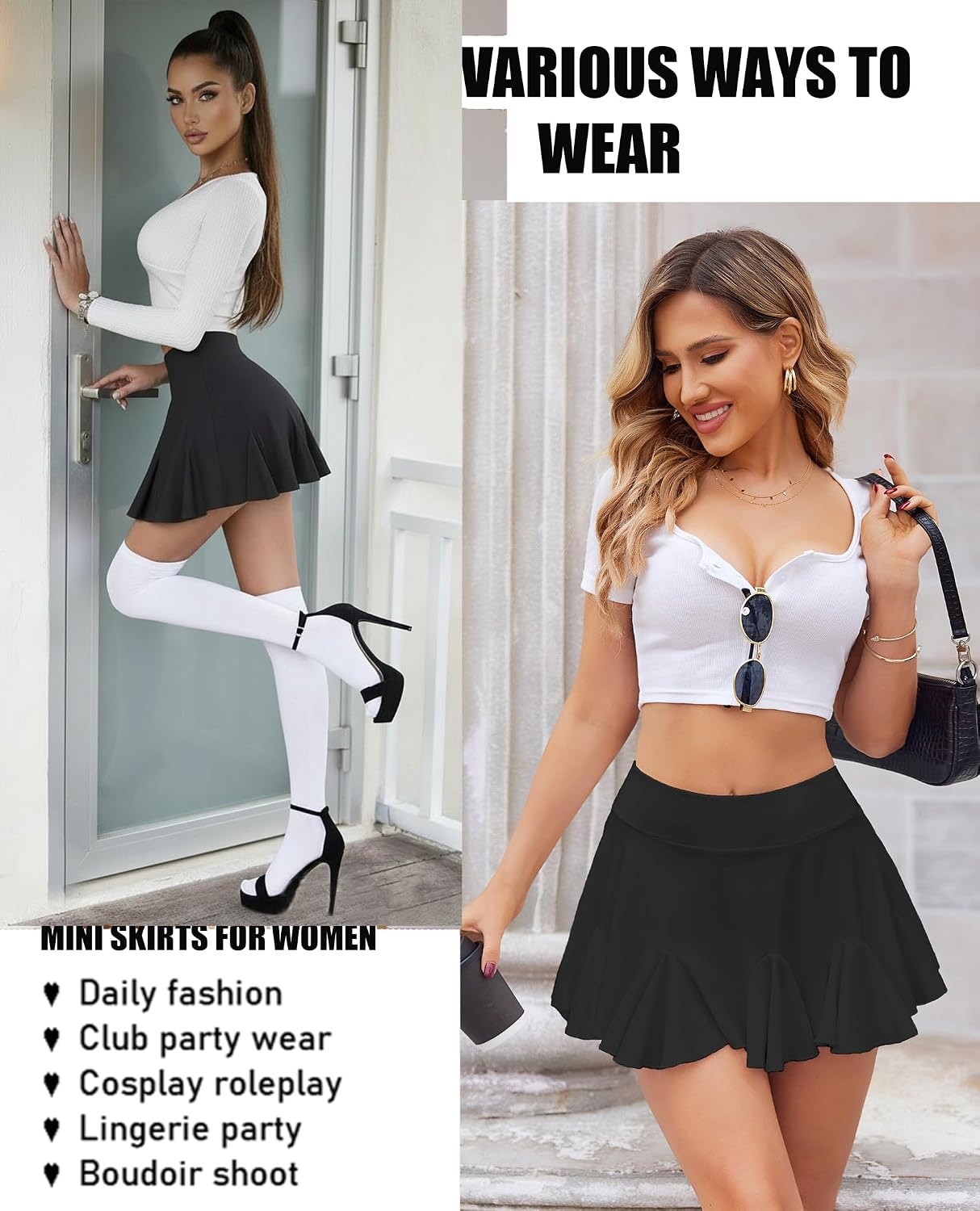 image:imageAvidlove Mini Skirt for Women Sexy Pleated Skirts High Waist Skater Skirt Ruffle Lingerie SkirtsBlack